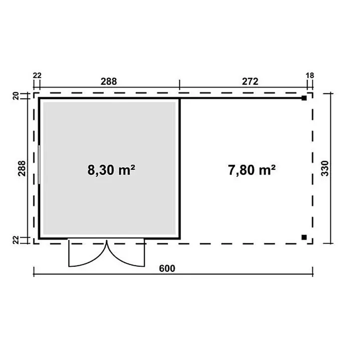 Linholm Gartenhaus inkl. Dachrinne - Außenmaß inkl. Dachüberstand (B x T): 320 x 320 cm, Natur-Beige/Anthrazit - Grundriss eines Gartenhauses mit zwei Räumen (8,30 m² und 7,80 m²) und Gesamtabmessungen.