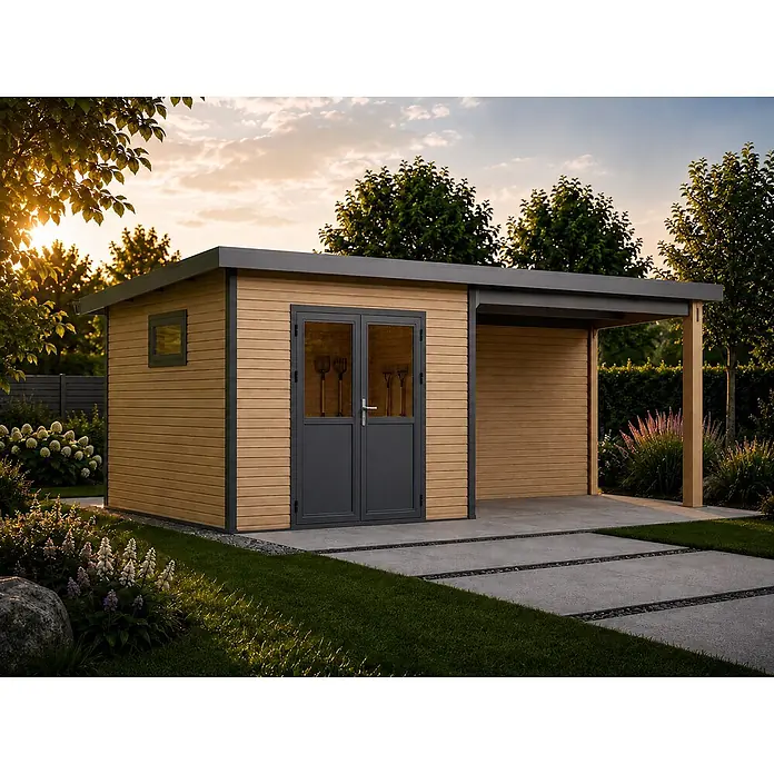 Linholm Gartenhaus inkl. Dachrinne - Außenmaß inkl. Dachüberstand (B x T): 320 x 320 cm, Natur-Beige/Anthrazit - Modernes Gartenhaus aus hellem Holz mit dunkelgrauen Akzenten und integriertem Carport, in einem Garten bei Sonnenuntergang.