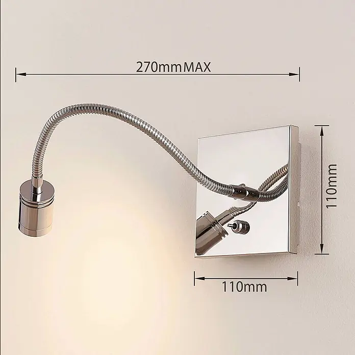 Lindby Wandleuchte Berfin - chrom / silber, chrom / silber - Verchromte Wandleuchte mit flexiblem Schwanenhals und quadratischer Basis, leuchtet nach unten.