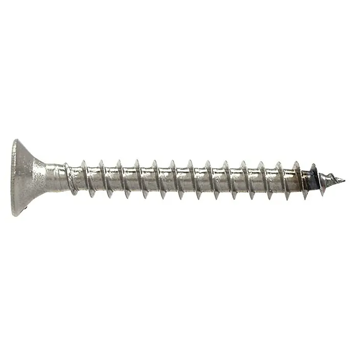 Profi Depot Spanplattenschraube A2 - Durchmesser: 4 mm, Länge: 40 mm, Edelstahl, TX für TORX-Antriebe, Vollgewinde, 200 Stk. - Nahaufnahme einer einzelnen Senkkopfschraube aus Metall mit scharfen Gewinden.
