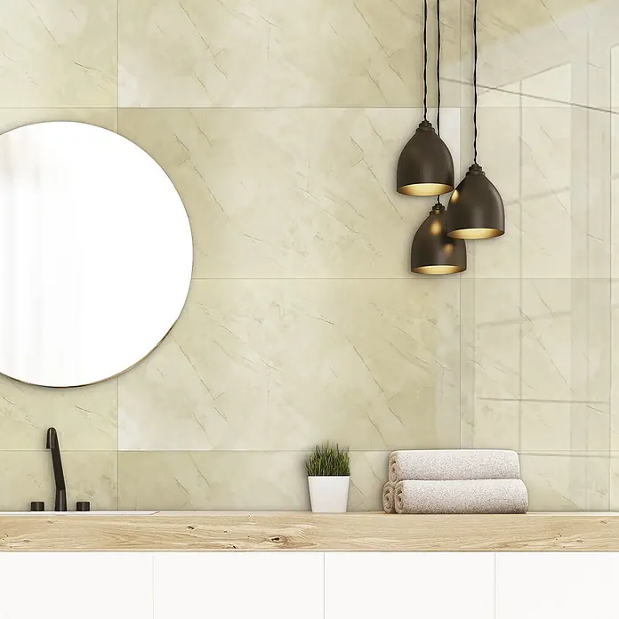 Panel de pared Travertino - 60 x 30 cm, Beige, 2 ud. - Azulejos de pared beige efecto mármol en un baño moderno sobre un mueble de lavabo de madera.