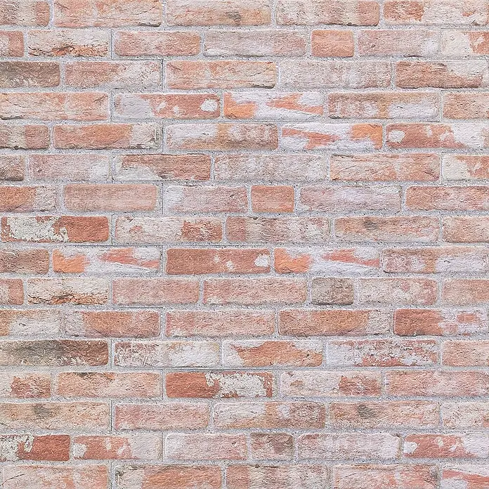 Panel de pared Ultra - 67 x 25 cm, Arcilla blanco, 6 ud. - Pared de ladrillo rojo envejecido con mortero gris claro y toques blancos, ideal para un fondo rústico.