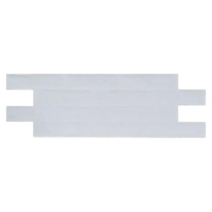 Panel de pared Ultra - 67 x 25 cm, Arcilla blanco, 6 ud. - Azulejos rectangulares grises claros texturizados, dispuestos en patrón escalonado.