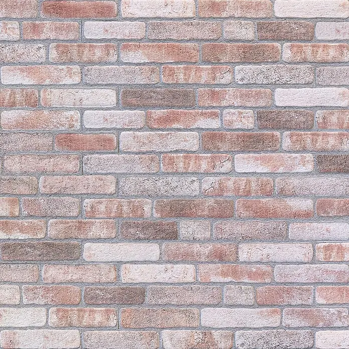 Panel de pared Ultra - 67 x 25 cm, Blanco desgastado, 6 ud. - Pared de ladrillo texturizado con tonos variados de rojo, marrón y blanco roto, con juntas de mortero gris.