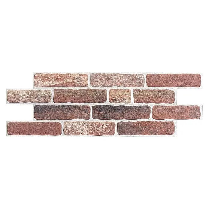 Panel de pared Ultra - 67 x 25 cm, Arcilla, 6 ud. - Revestimiento de pared de ladrillo marrón rojizo texturizado con mortero gris claro.