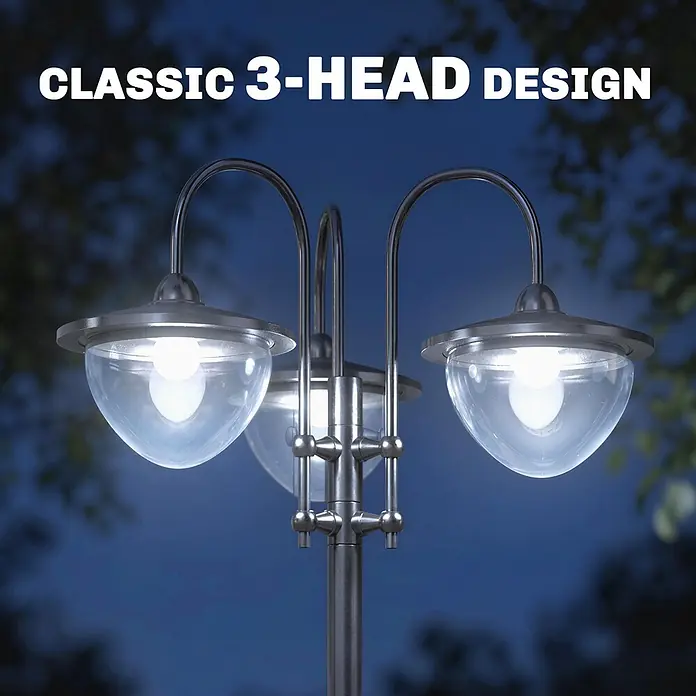 Outsunny Solar-Stehleuchte - 1,92 W, Schwarz - Klassische 3-flammige Außenleuchte aus gebürstetem Metall, hell erleuchtet für elegante Wege- und Gartenbeleuchtung.