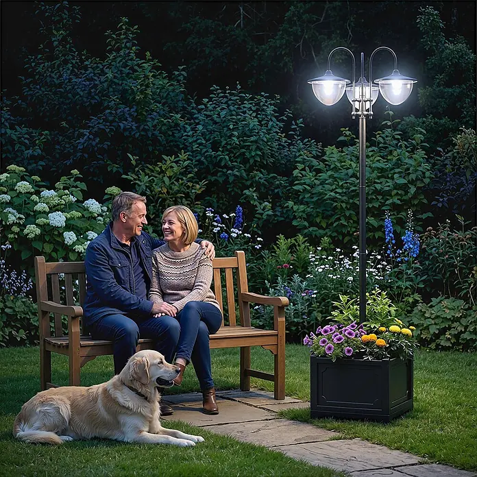 Outsunny Solar-Stehleuchte - 1,92 W, Schwarz - Dunkle, dreiköpfige Gartenlampe beleuchtet einen Gartenweg, ein sitzendes Paar und seinen Hund.