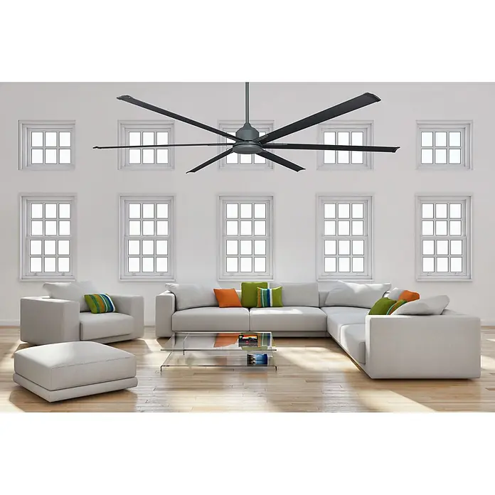 Vam Deckenventilator Energiespar Deckenventilator THE BIG 245 WI-FI graphit - graphit, 2.450 mm, 47 W - Großer dunkelgrauer Deckenventilator mit vielen Flügeln in hellem Wohnzimmer.
