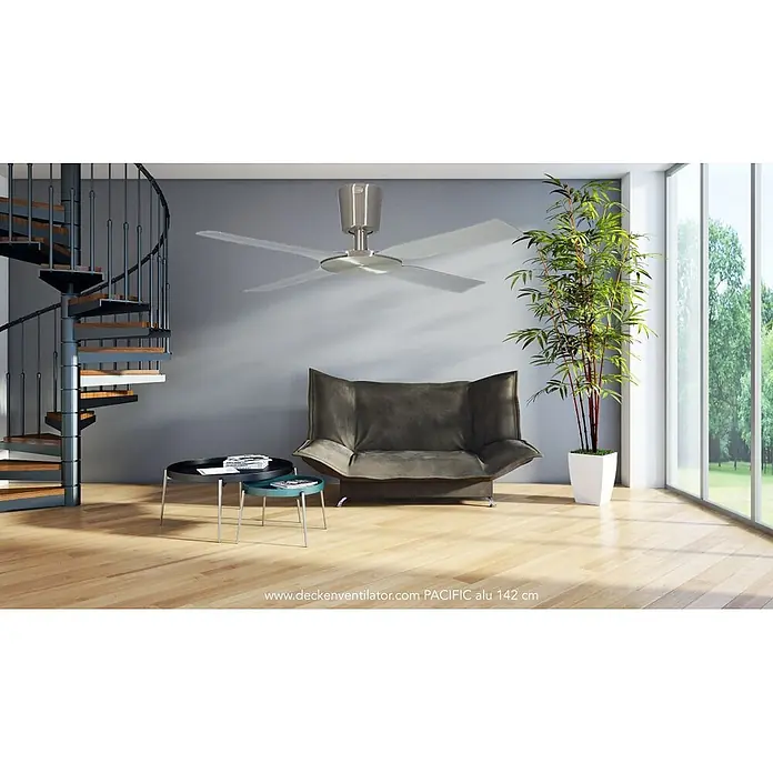 Vam Deckenventilator Vam Deckenventilator PACIFIC Alu-natur 142 cm - ALU NATUR, 1.420 mm, 37 W - Deckenventilator aus gebürstetem Aluminium mit vier silbernen Flügeln, der elegant Luft in modernem Wohnraum zirkuliert.
