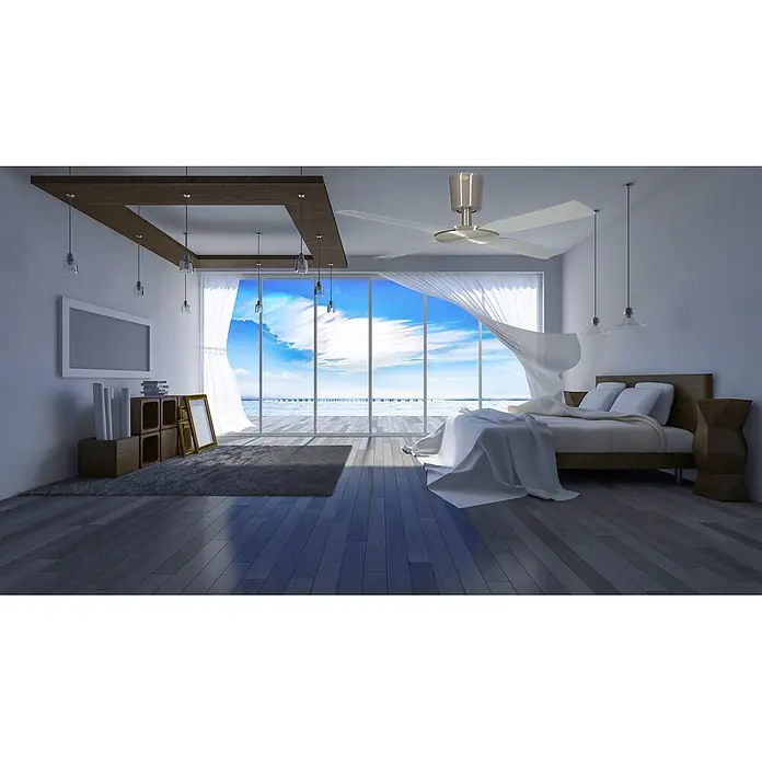 Vam Deckenventilator Vam Deckenventilator PACIFIC Alu-natur 142 cm - ALU NATUR, 1.420 mm, 37 W - Ein modernes Schlafzimmer mit Holzbett, transparenten Vorhängen und einem Deckenventilator aus gebürstetem Metall mit Meerblick.