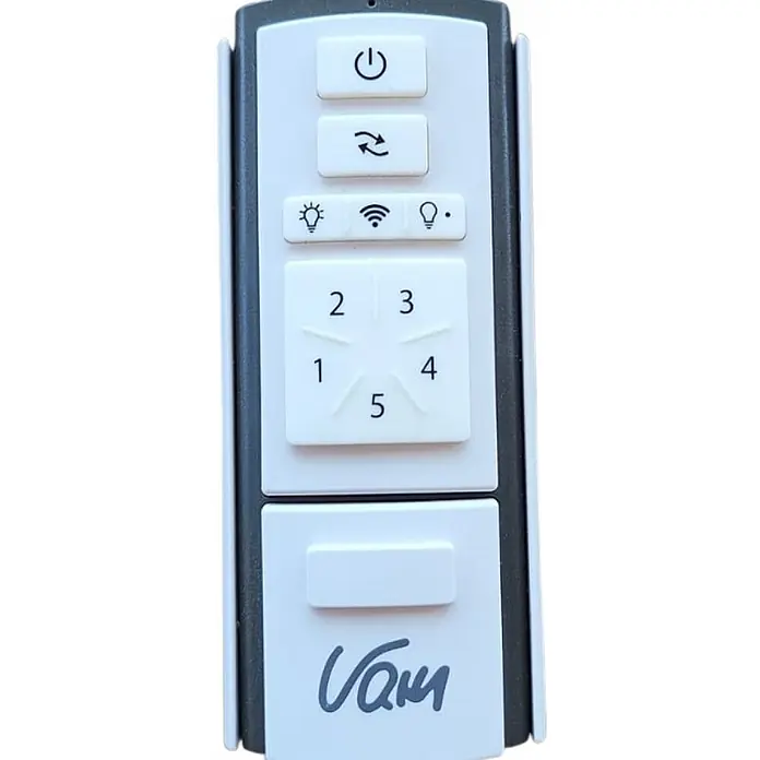 Vam Deckenventilator THE BIG 210 WI-FI Schwarz - Schwarz, 2.130 mm, 47 W - Weiße und dunkelgraue Fernbedienung mit Ein/Aus-, Zyklus-, Licht-, WLAN- und nummerierten (1-5) Tasten. Marke: Vanu.