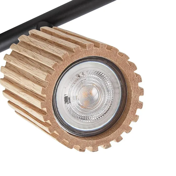 Lindby Deckenstrahler Stralino - L x B x H: 101,6 x 9 x 18,5 cm, Holz hell, GU10 - Nahaufnahme eines Strahlers mit hellem, geripptem Holzgehäuse an einer schwarzen Metallstange.
