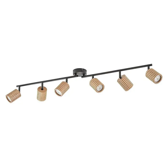 Lindby Deckenstrahler Stralino - L x B x H: 101,6 x 9 x 18,5 cm, Holz hell, GU10 - Schwarze Deckenleuchte mit sechs gerippten Holzstrahlern.