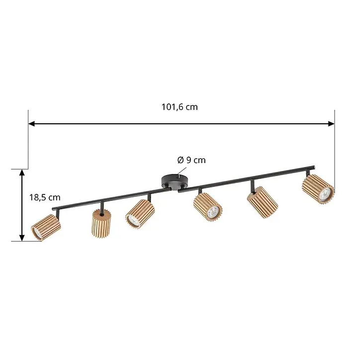 Lindby Deckenstrahler Stralino - L x B x H: 101,6 x 9 x 18,5 cm, Holz hell, GU10 - Sechsflammige Deckenstrahlerschiene mit schwarzer Stange und zylindrischen Spotköpfen aus Holzlamellen. 101,6 cm lang, 18,5 cm hoch.