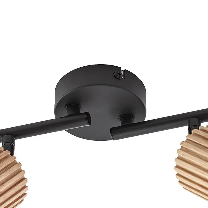 Lindby Deckenstrahler Stralino - L x B x H: 101,6 x 9 x 18,5 cm, Holz hell, GU10 - Schwarze Deckenleuchte mit runder Basis, schwarzen Armen und zwei gerippten Lampenschirmen aus Naturholz.