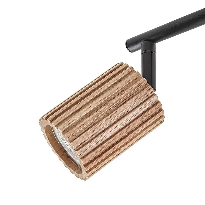 Lindby Deckenstrahler Stralino - L x B x H: 101,6 x 9 x 18,5 cm, Holz hell, GU10 - Geriffelter zylindrischer Strahlerkopf aus Holz an schwarzer Schiene.