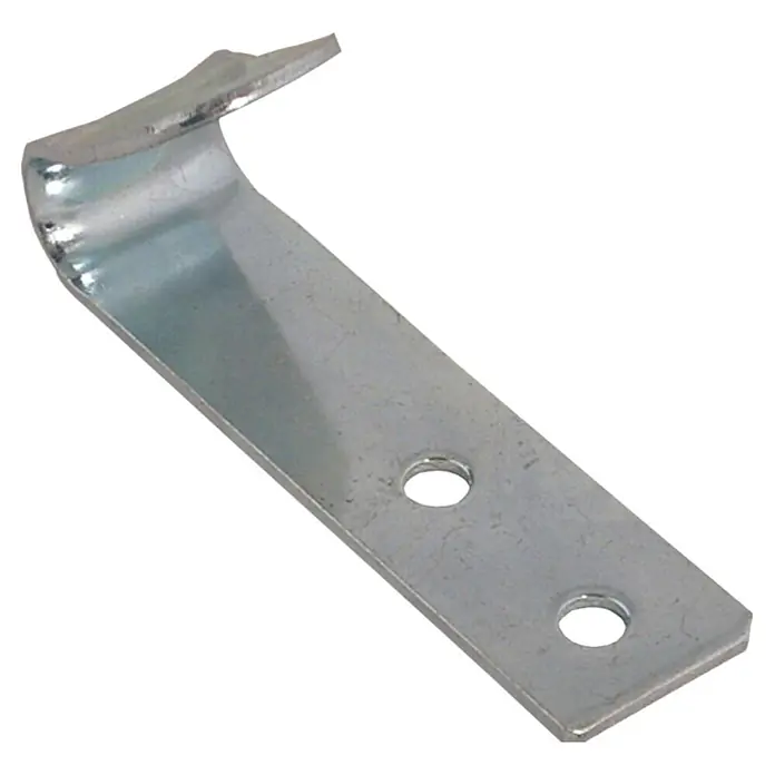 Conacord Gancho plano - 54 x 13 mm, Carga soportada: 170 kg, 2 ud. - Primer plano de un accesorio metálico para barra de armario con dos orificios para tornillos para fijarlo a la pared.