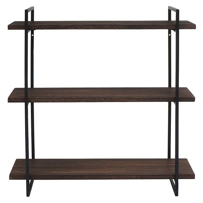 Berlinlodge Holzregal Wandregal - Anzahl Böden: 3 Stk., Einhängen, Dunkelbraun - Dreistufiges Wandregal mit dunklen Holzablagen und schwarzem Metallrahmen.