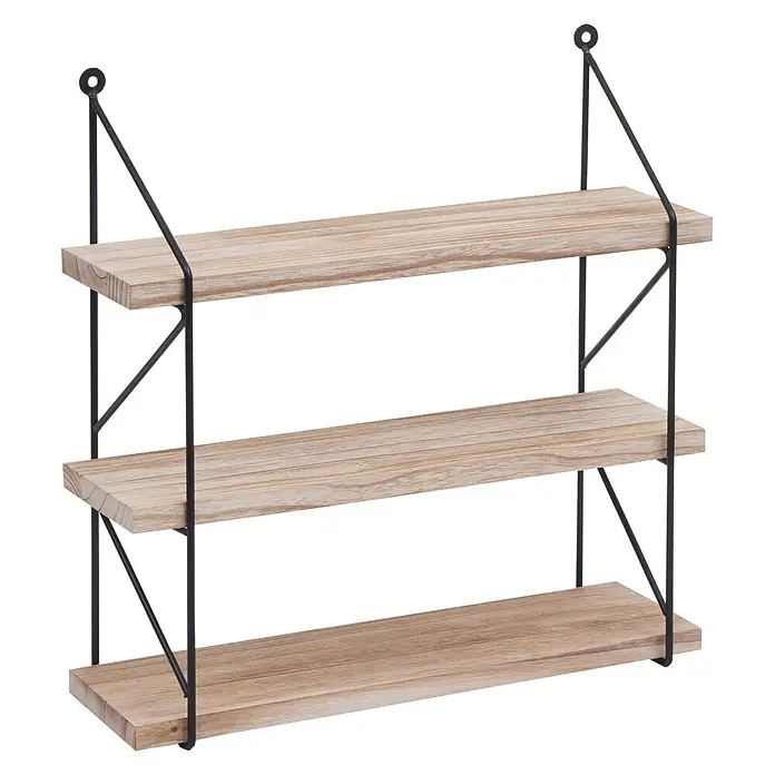 Berlinlodge Holzregal Wandregal - Anzahl Böden: 3 Stk., Einhängen, Natur - Dreistöckiges Wandregal mit hellen Holzablagen und schwarzem Metallrahmen.