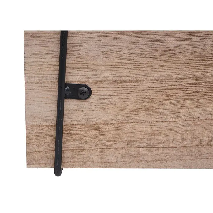 Berlinlodge Holzregal Wandregal - Anzahl Böden: 3 Stk., Einhängen, Natur - Nahaufnahme einer hellen Holzmaserung mit schwarzem Metallbügel, befestigt durch eine schwarze Schraube mit Sternantrieb.