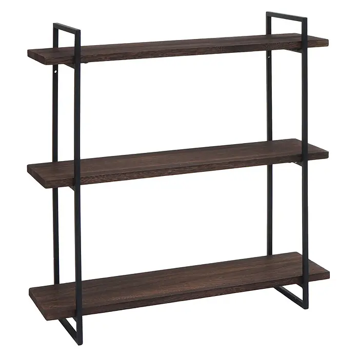 Berlinlodge Holzregal Wandregal - Anzahl Böden: 3 Stk., Einhängen, Dunkelbraun - Dreistufiges Regal mit dunklen Holzablagen und schwarzem Metallrahmen.