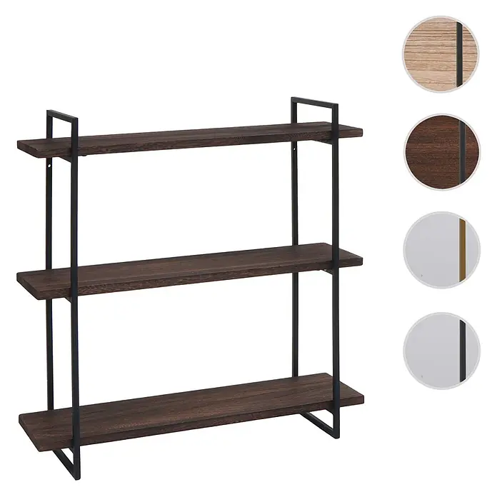 Berlinlodge Holzregal Wandregal - Anzahl Böden: 3 Stk., Einhängen, Dunkelbraun - Dreistufiges Regal mit dunklen Holzablagen und schwarzem Metallrahmen.
