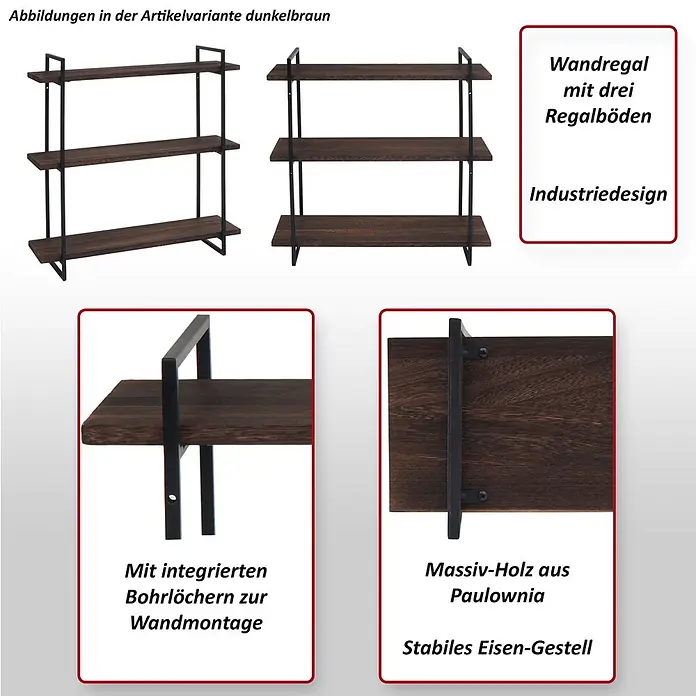 Berlinlodge Holzregal Wandregal - Anzahl Böden: 3 Stk., Einhängen, Dunkelbraun - Dunkelbraunes Wandregal im Industriedesign mit drei Paulownia-Holzböden und stabilem Eisenrahmen, bereit zur Wandmontage.
