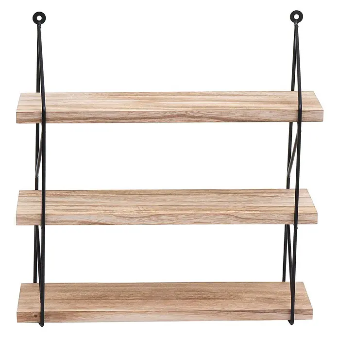 Berlinlodge Holzregal Wandregal - Anzahl Böden: 3 Stk., Einhängen, Natur - Dreistufiges Wandregal mit hellen Holzablagen und schwarzem Metallrahmen.