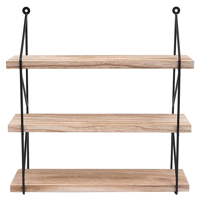 Berlinlodge Holzregal Wandregal - Anzahl Böden: 3 Stk., Einhängen, Natur - Dreistufiges Hängeregal mit hellen Holzablagen und schwarzem Metallrahmen.