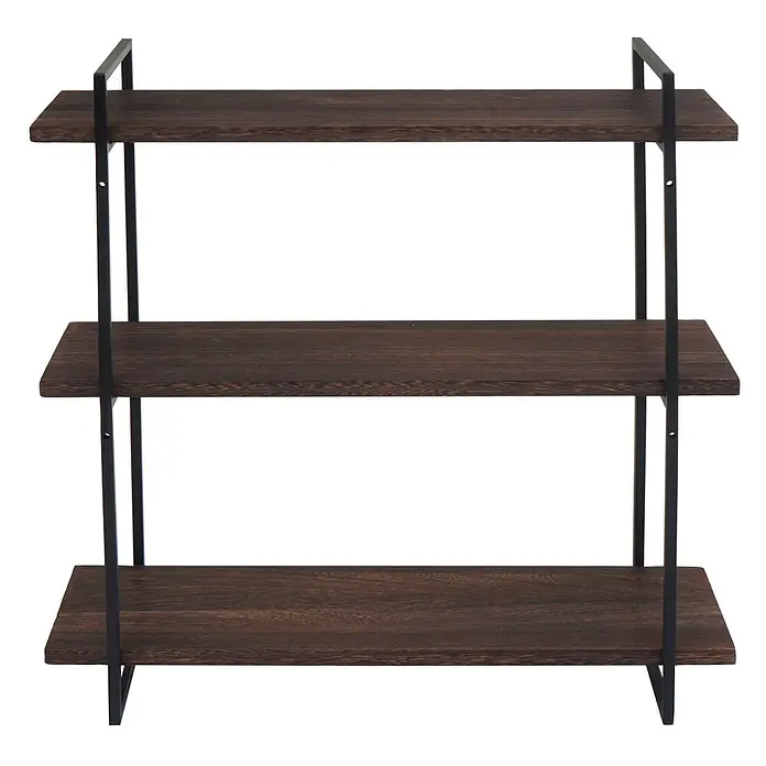 Berlinlodge Holzregal Wandregal - Anzahl Böden: 3 Stk., Einhängen, Dunkelbraun - Dreistufiges Wandregal mit dunklen Holzablagen und schwarzem Metallrahmen.