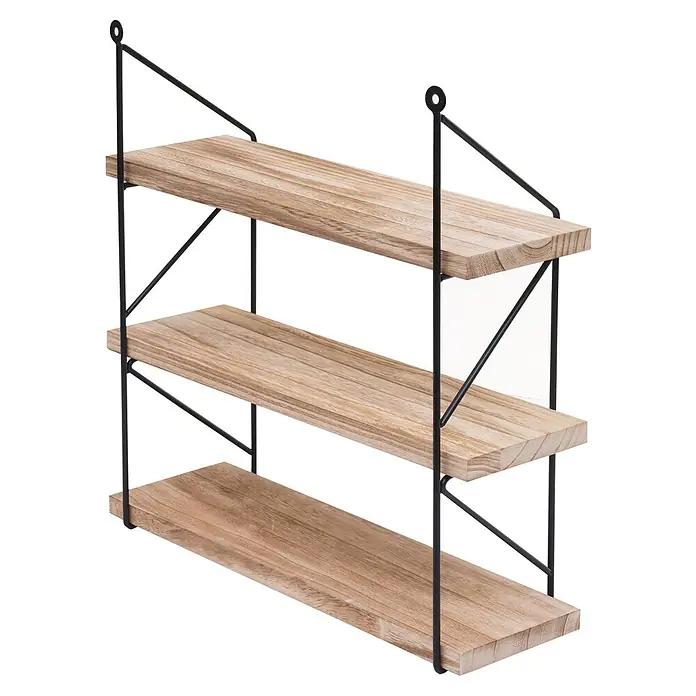 Berlinlodge Holzregal Wandregal - Anzahl Böden: 3 Stk., Einhängen, Natur - Dreistufiges Wandregal mit hellen Holzablagen und schwarzem Metallrahmen.
