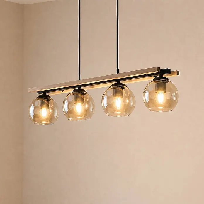 Lindby Pendelleuchte Enrique - creme / amber, amber, Schwarz, eiche hell, E27 - Lineare Pendelleuchte mit Holz- und schwarzer Metallstange und vier bernsteinfarbenen Glaskugeln, die warmes Licht spenden.