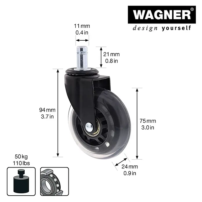 Wagner System Design-Lenkrolle RO 1062 - Durchmesser Rollen: 75 mm, Traglast: 40 kg, Kugellager, Mit Einsteckzapfen - Schwarzes und transparentes Bürostuhl-Lenkrad mit 11mm Stift, 75mm Raddurchmesser und 50kg Tragkraft, ausgestattet mit Kugellager.