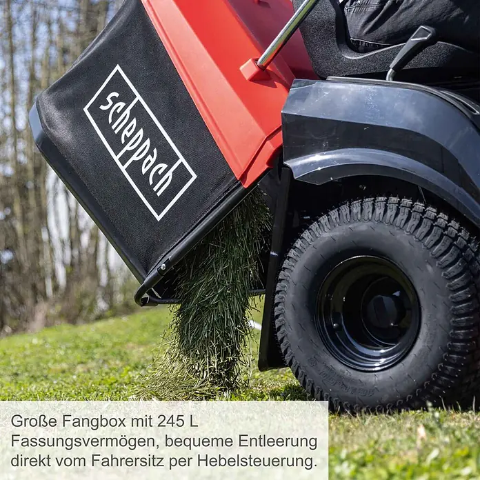 Scheppach Rasentraktor TMR452-98C-RD - 452 cm³, Schnittbreite: 98 cm - Scheppach Fangbox eines Rasentraktors, schwarz-rot, entleert 245L Schnittgut auf den Rasen.