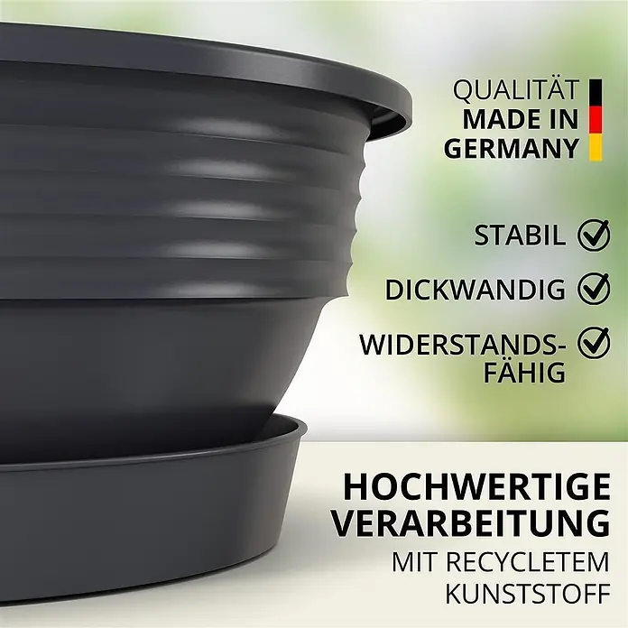 Plastard Pflanzschale rund Milano 3er Set mit Untersetzer in Anthrazit – Blumenschale - 3 Stk., Kunststoff, Anthrazit - Dunkelgraue Pflanzentöpfe und Untersetzer aus recyceltem Kunststoff.