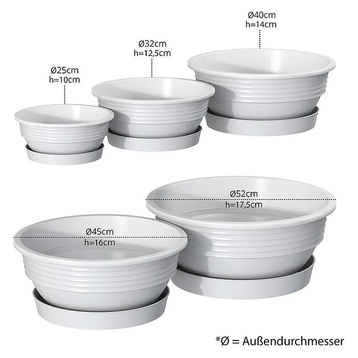 Plastard Pflanzschale rund Milano 3er Set mit Untersetzer in Weiß – Blumenschale - Außenmaß (Ø x H): 32 x 12,5 cm, Kunststoff, Weiß - Fünf weiße runde Kunststoff-Pflanztöpfe mit passenden Untersetzern in verschiedenen Größen.