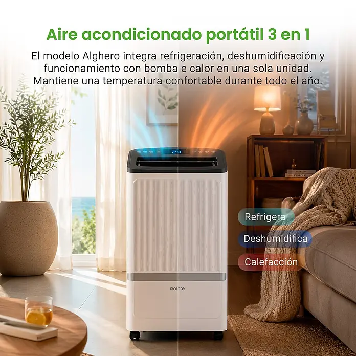 Rointe Aire acondicionado portátil Alghero 3000 - 3.000 W, Tamaño de la estancia: 20 m² - 30 m², Blanco - Aire acondicionado portátil blanco y negro 3 en 1 enfriando y calentando una sala de estar moderna.