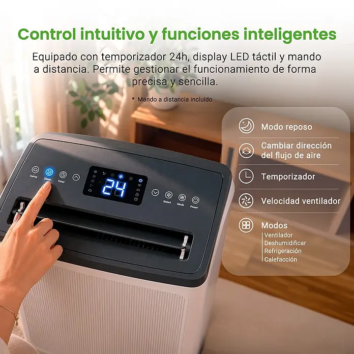 Rointe Aire acondicionado portátil Alghero 3000 - 3.000 W, Tamaño de la estancia: 20 m² - 30 m², Blanco - Una mano interactúa con el panel de control de un climatizador portátil blanco y gris oscuro, con '24' en la pantalla LED. Modo reposo, temporizador y velocidad ventilador destacados.