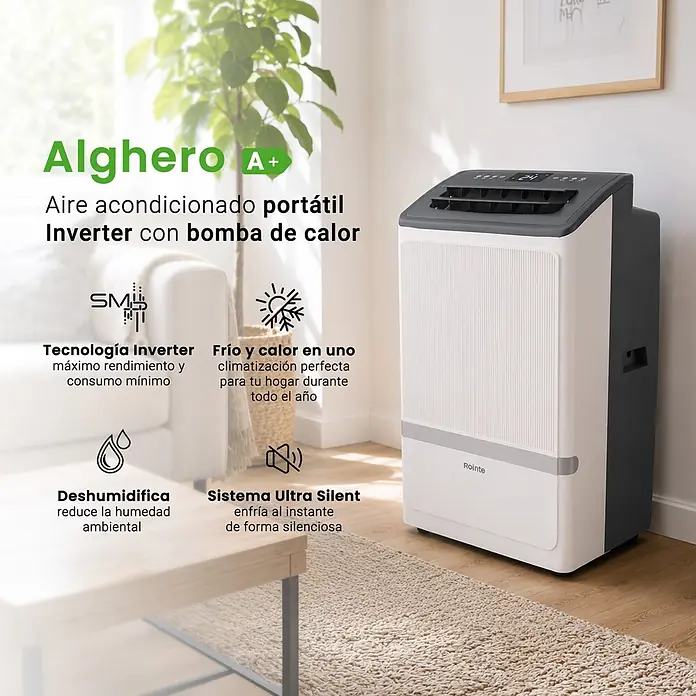 Rointe Aire acondicionado portátil Alghero 3000 - 3.000 W, Tamaño de la estancia: 20 m² - 30 m², Blanco - Aire acondicionado portátil blanco y gris oscuro en sala de estar moderna, con tecnología Inverter para refrigeración, calefacción y deshumidificación.