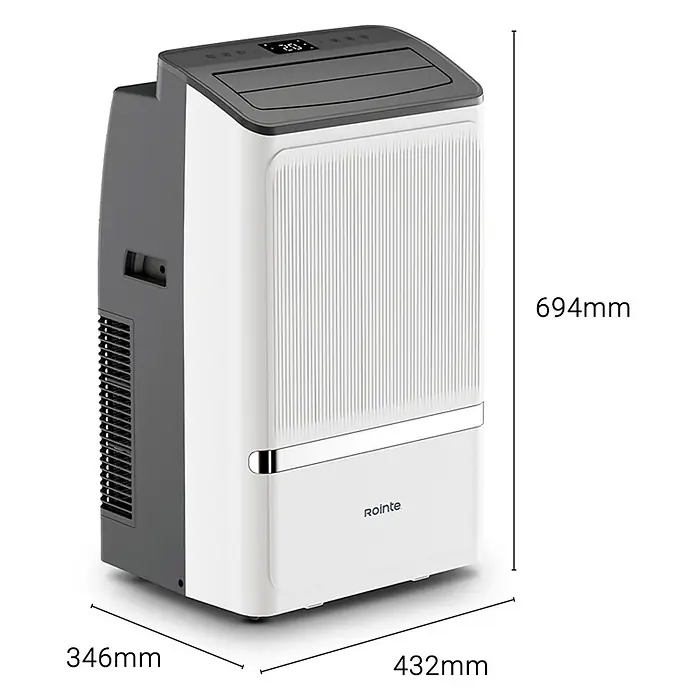Rointe Aire acondicionado portátil Alghero 3000 - 3.000 W, Tamaño de la estancia: 20 m² - 30 m², Blanco - Aire acondicionado portátil blanco y gris oscuro con pantalla digital, medidas 694x432x346mm.
