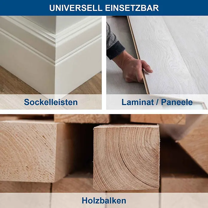 Scheppach Kappzugsäge HM216 - 2.000 W, Durchmesser Sägeblatt: 216 mm, Leerlaufdrehzahl: 4.700 U/min - Collage mit weißen Sockelleisten, helles Laminat beim Verlegen und natürliche Holzbalken.
