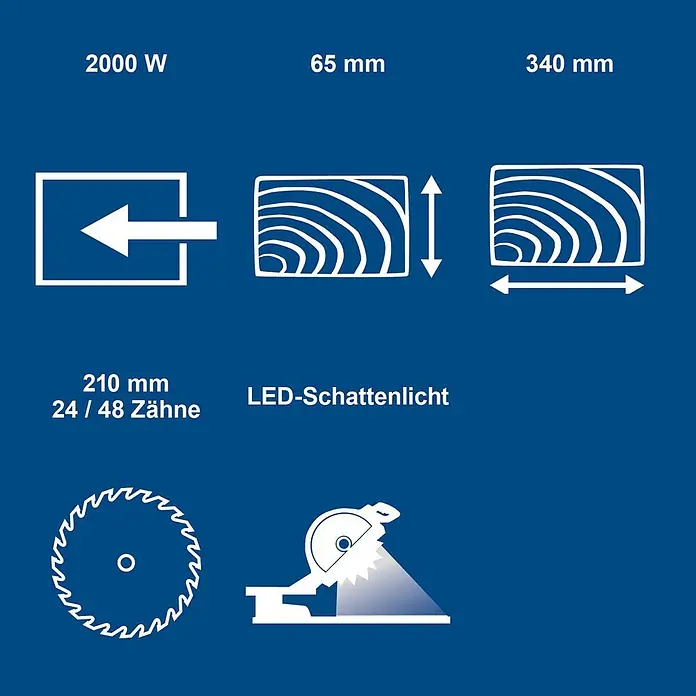 Scheppach Kappzugsäge HM216 - 2.000 W, Durchmesser Sägeblatt: 216 mm, Leerlaufdrehzahl: 4.700 U/min - Spezifikationen für eine Säge: 2000W, 65mm Schnitttiefe, 340mm Schnittbreite, 210mm Sägeblatt (24/48 Zähne), LED-Schattenlicht.