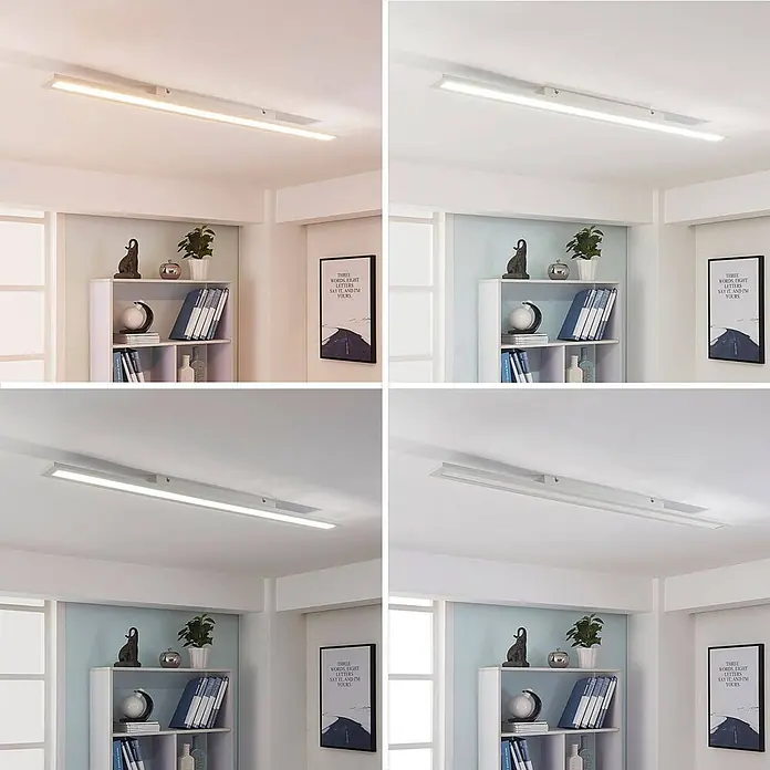 Arcchio Deckenleuchte Arya - weiß / opal, weiß / opal - Weiße lineare LED-Deckenleuchte, die einstellbare Lichtfarben in einem modernen Raum zeigt.