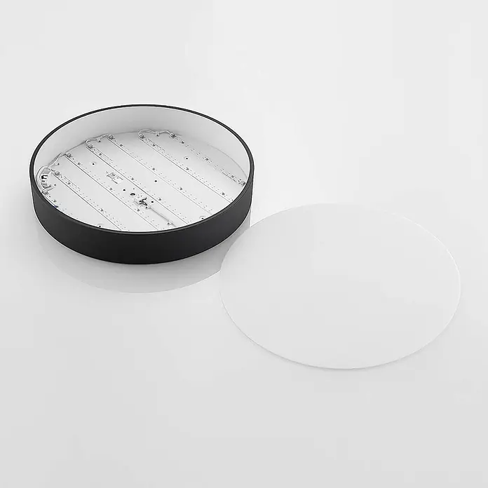 Arcchio Deckenleuchte Noabelle - schwarz, schwarz - Schwarzrunde Deckenleuchte-Basis mit sichtbaren LED-Streifen, daneben weißer Diffusor.