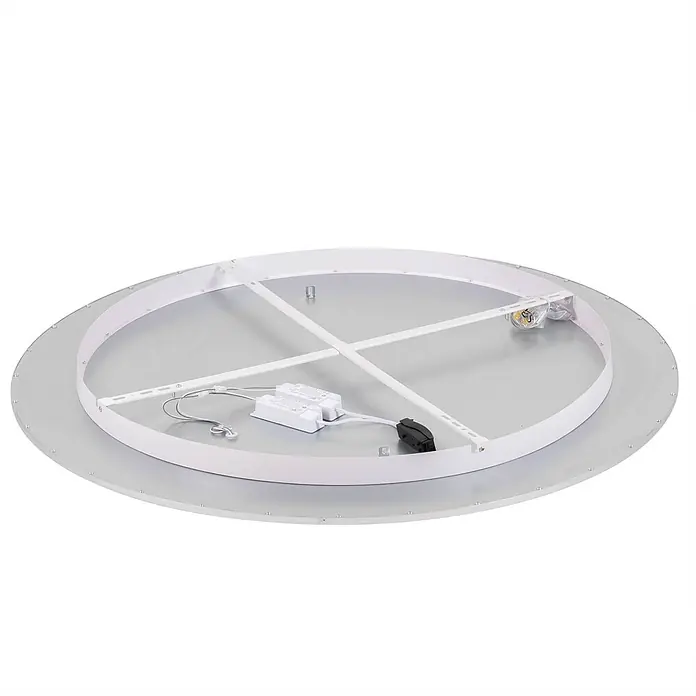 Lindby Deckenleuchte Narima - L x B x H: 100 x 100 x 5,2 cm, alu / grau / zink, weiß / opal - Die Rückseite einer runden LED-Deckenleuchte mit silberner Grundplatte, weißem Innenrahmen, Treibern und Verkabelung.