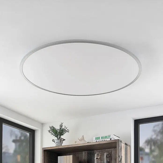 Lindby Deckenleuchte Narima - L x B x H: 100 x 100 x 5,2 cm, alu / grau / zink, weiß / opal - Runde LED-Deckenleuchte mit grauem Rahmen und weißem Diffusor.