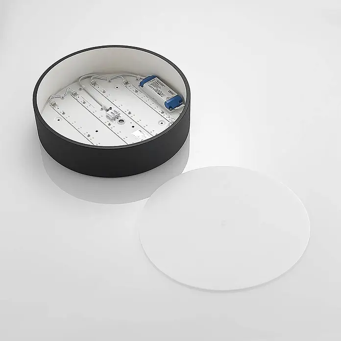 Arcchio Deckenleuchte Noabelle - schwarz, schwarz - Schwarzes rundes Deckenleuchtengehäuse mit sichtbaren LED-Streifen, Netzteil und separatem weißen Diffusor.