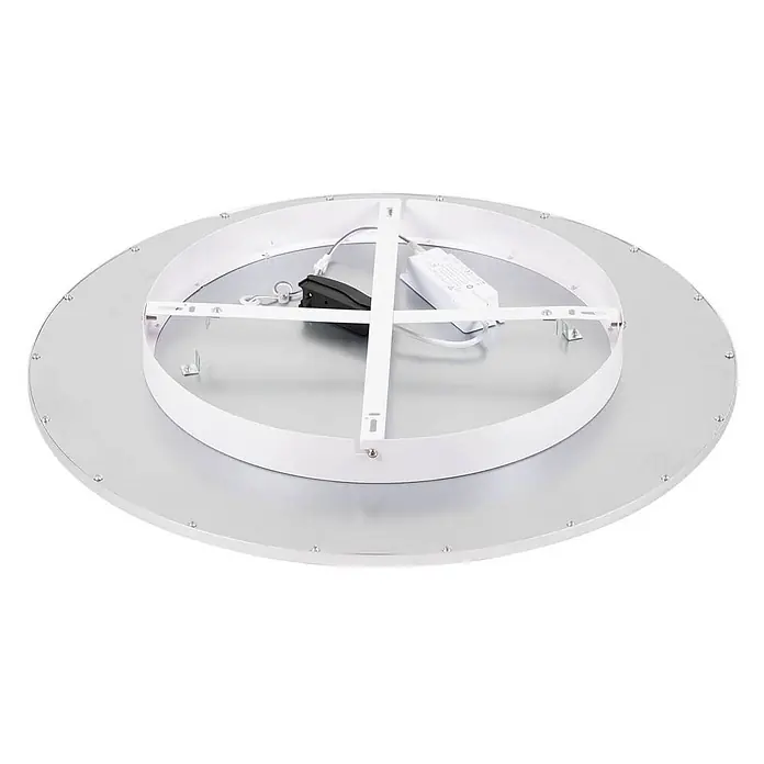 Lindby Deckenleuchte Narima - L x B x H: 60 x 60 x 5,2 cm, alu / grau / zink - Runde, silberne LED-Deckenleuchte von hinten mit weißem Montagerahmen und Netzteil.