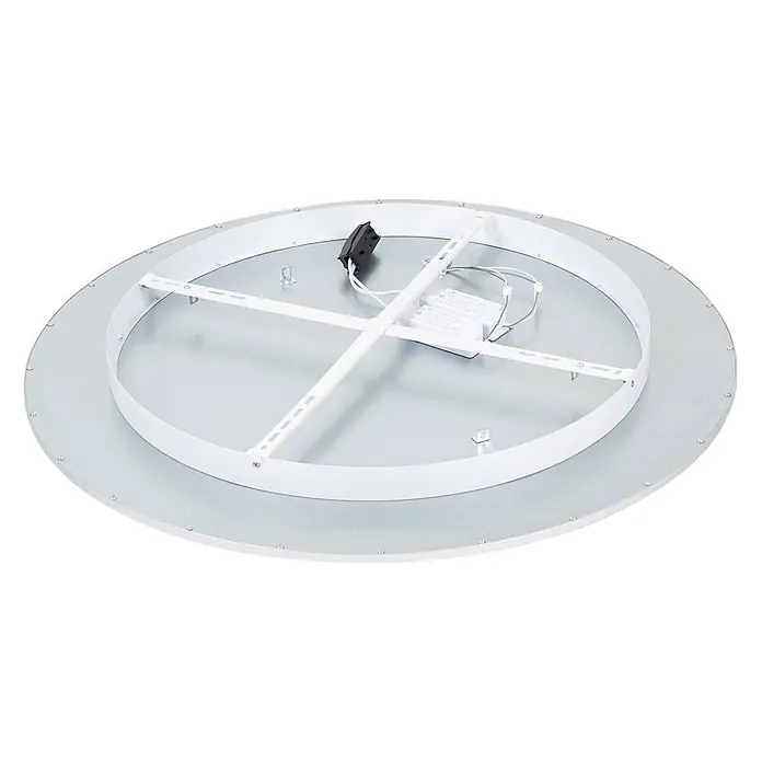 Lindby Deckenleuchte Narima - alu / grau / zink - Rückseite einer runden weißen LED-Deckenleuchte mit Verkabelung, zwei Treibern und Metallrahmen.