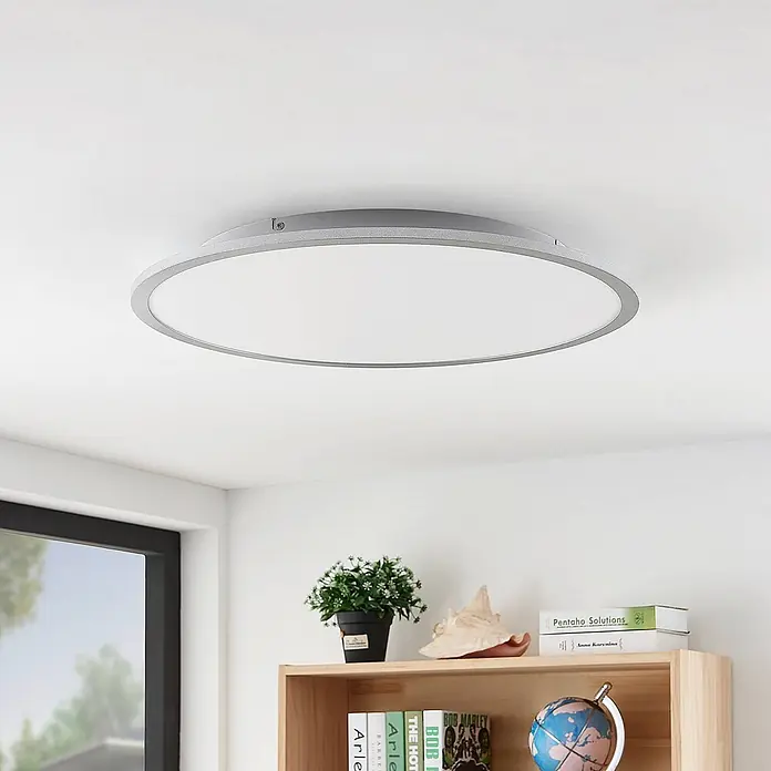 Lindby Deckenleuchte Narima - L x B x H: 60 x 60 x 5,2 cm, alu / grau / zink - Runde, silberne Deckenleuchte mit weißem Diffusor.